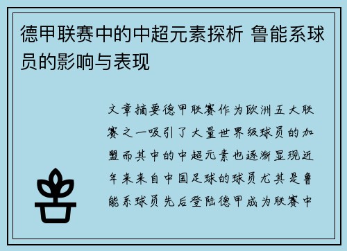 德甲联赛中的中超元素探析 鲁能系球员的影响与表现